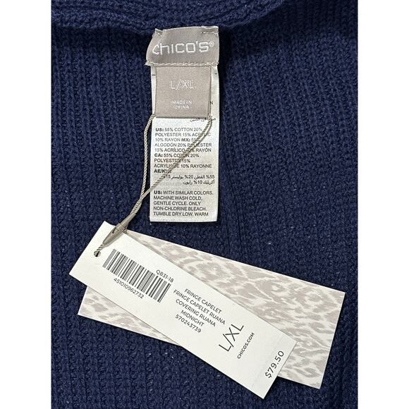 Chico’s Fringe Capelet Ruana Covering Wrap Navy Blue Knit Sz L / XL Office Boho - Picture 13 of 15